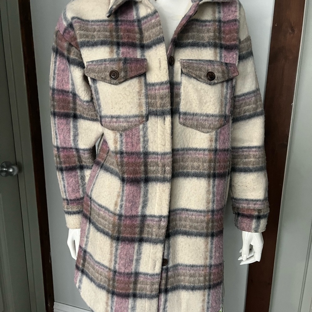 Marled Cream and Pink Plaid Teddy Jacket